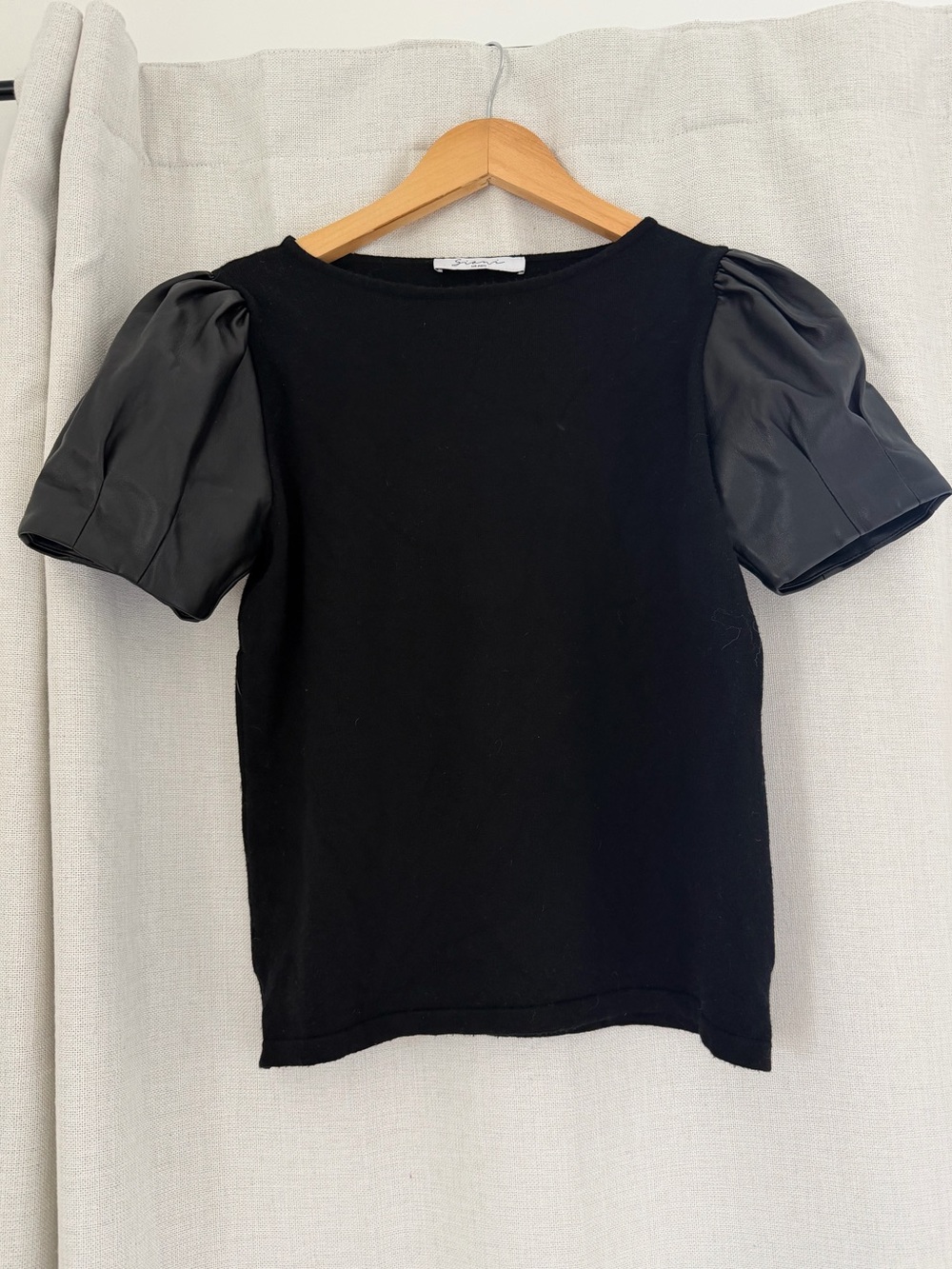 Siani Milano Black Puff-Sleeve Top with Faux Leather Detail